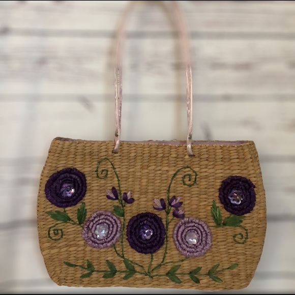 Caslon Handbags - Caslon purple lavender flower straw tote bag